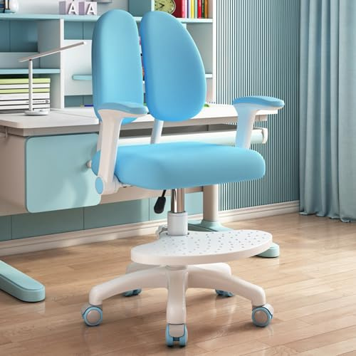 fiakoais Children Study Desk Chair, Height and Depth Adjustable Kids Computer Chair, Ergonomic Dual Back Support, Self Locking Wheels, Swivel Study Chair for Ages 3 to 18 (Blue)