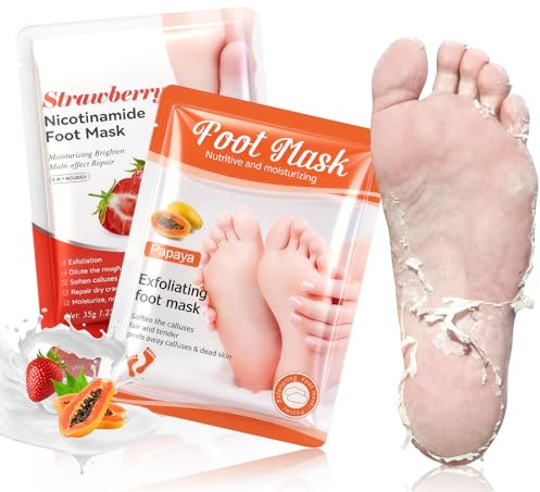 2 Paires Masque Pied Exfoliant，Masques Nourrissant pour les Pieds, Chaussette Exfoliante Pieds très Secs et Abîmés, Hydratation Profonde, pour Femmes & Hommes (Fraise+ Papaye)