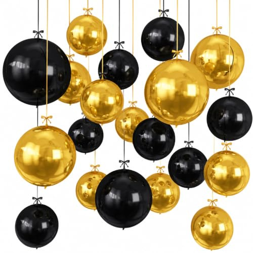 GoldRock 4D-folieballonger i 3 storlekar: 10,15,22 tum, bollballonger för bal, skolstart, nyårsafton, födelsedag, pensionering, jul, XXL ballonger (svart guld, 16 stycken)