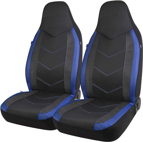 PIC AUTO Car Seat Covers - High Back Front Seat Covers, Sports Carbon Fiber Mesh Design, Universal Fit, Airbag Compatible (Blue)