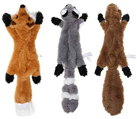 PDTO Lot de 3 jouets à mâcher pour chiens de petite et moyenne taille - Sans rembourrage - Avec raton laveur, écureuil et renard - 46 cm