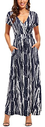 OUGES Women's Summer Casual V Neck Short Sleeve Floral Pattern Wrap Ladies Maxi Long Dress with Pockets(Floral-16XL)