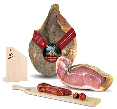 Moretti® Jambon cru entier | Environ 6,5kg | Maigre Assaisonné | 100% Naturel | Sans conservateurs | Pas d'OGM | Planche à Découper En Bois Hommage Et Saucisse
