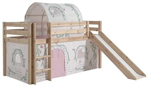 Vipack Spielbett Pino inkl. Rutsche mit Textilset Vorhang und Tunnel Birdy Kiefer massiv Natur