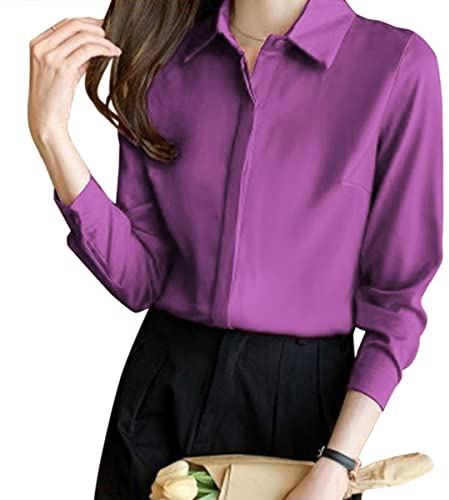 shownicer Satin Chemisier Élégante à Col en V pour Femme Décontracté Manches Longues Travail avec Boutons Couleur Unie Mode Blouse Tunique Hauts Chic Violet XS