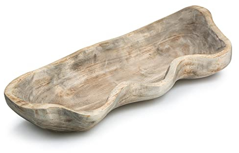 Wavy Live Edge Wooden Dough Bowl for Decor 16L Medium Natural Root Wood Hand Carved Decorative Wooden Farmhouse Fruit Bowl Handmade, Home Decoration Centerpiece, Table Display Bowl