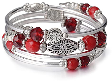 FULU AUTUMN Silver Beaded Bangle Bracelet for Women Handmade Boho Stacking Wrap Bracelet with Crystal Beads Costume Fashion Jewellery Gifts(Red)