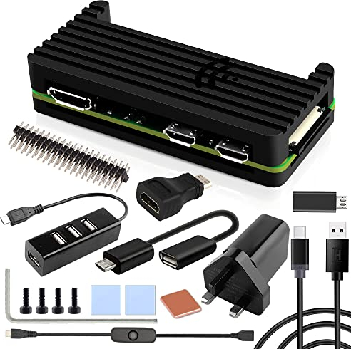 GeeekPi Raspberry Pi Zero 2 W Gehäuse Kit mit Raspberry Pi Zero 2 W Aluminium passives Kühlgehäuse, QC3.0 Schnellladegerät, Kühlkörper, 4-Port-USB-Hub, Ein-/Aus-Schalterkabel (schwarz)