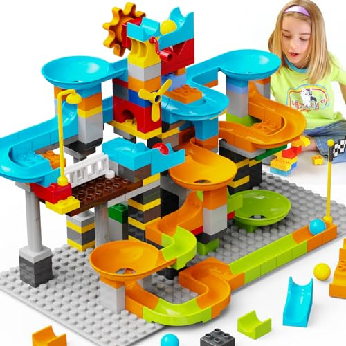 JIXIn 3in1 Marble Runs for Kids 4-8/Building Blocks Compatible with LEGO DUPLOS for Age 2-5/Marble Run for Kids Ages 3-5 STEM Toy Set with 164 Pcs Classic Big Block/Gift Toys for Kid Ages 3 4 5 6 7 8+