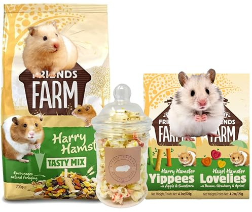 Hamster Food and Treats bundle containing Hamster Food 700g, Hamsters Treats 120g x2 and Mixed Flavour Popcorn Jar