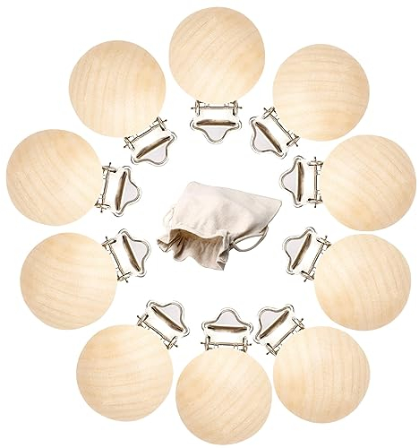Pinza Para Chupete Madera, Clip Madera para Chupete, Redondo Chupeteros De Madera, 10 Piezas Chupetero Madera, Clip para Chupete de Madera, Clips de Chupete, Clip Chupete Bebe, con Bolsas de Algodón