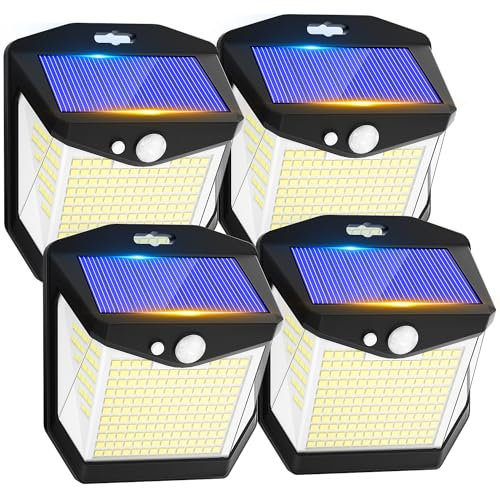 Solar Security Lights Outdoor Garden - 248 LED Solar Powered Outside Light 3 Modes Motion Sensor and 270°Wide Angle IP65 Waterproof Solar Power Wall Lighting For Fence Flood Door Garage Yard 4 Pack