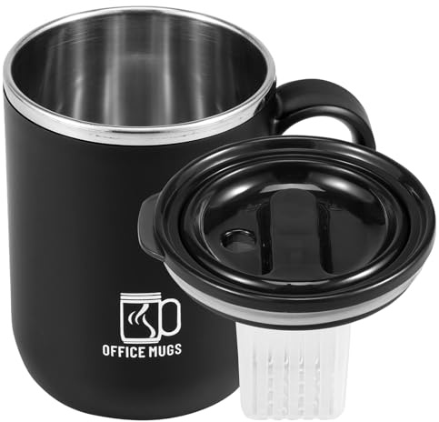 Kaffemugg i rostfritt stål, 500 ml, rostfritt stål med handtag, läckagesäkert lock, återanvändbar rostfri stålmugg med lock, utomhus, för resor, drycker, kaffe, te, vin (svart)