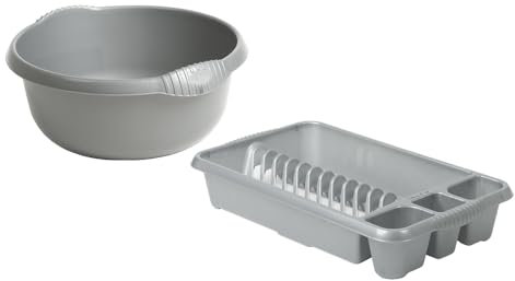 VISHCHIT (Set Of 2) 28cm Silver High Grade Plastic Round Washing Up Bowl with Stylish medium dish drainer Plate Rack Draining Board Tray Stand Sink Holder Organiser Kitchen Home and Restaurants