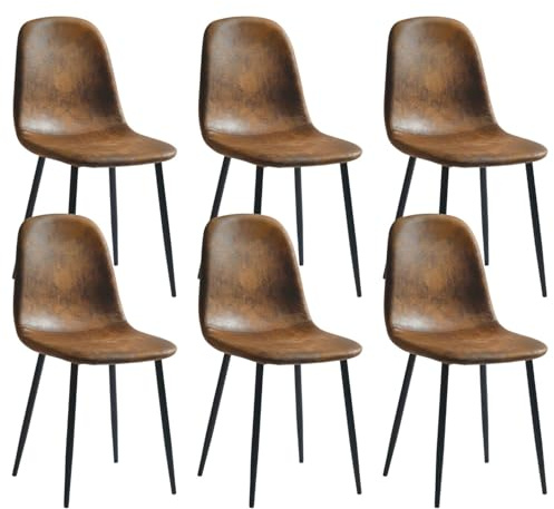 FurnitureR Dining Chairs, 6pcs Scandinavian Accent Side Chairs with Black Metal Legs for Kitchen Dining Room Living Room Bedroom, Soft Faux Suede Brown