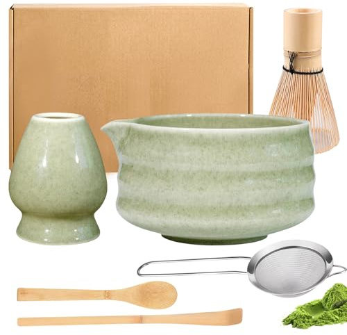 BORDEAG Ensemble A Thé Matcha, 6 Pièces, Bol à Matcha, Fouet à Matcha, Cérémonie Matcha, Vert, Zen