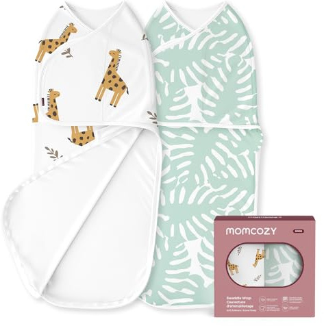 Momcozy Pucksack Baby 0-3 Monate, leiser Verschluss,Swaddle für frischgebackene Eltern, reduziert den Schreckreflex, unverzichtbar für Neugeborene 0-3 Monate, 2er-Pack, Giraffe und Blätter