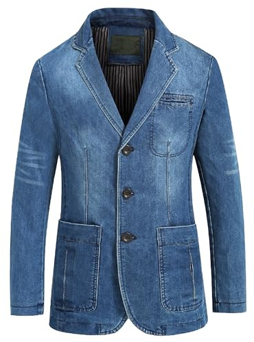Men's Classic Notched Collar Jean Suit Distressed Denim Blazer Jacket Casual Oversize Trucket Blazers, Light Blue, L