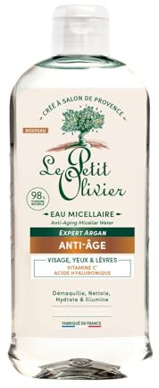 LE PETIT OLIVIER - Eau Micellaire Anti-âge - Vitamine C & Acide Hyaluronique - Démaquille, Nettoie, Hydrate & Illumine - Tous Types de Peaux - 98% d'Origine Naturelle - Fabriqué en France - 400ml