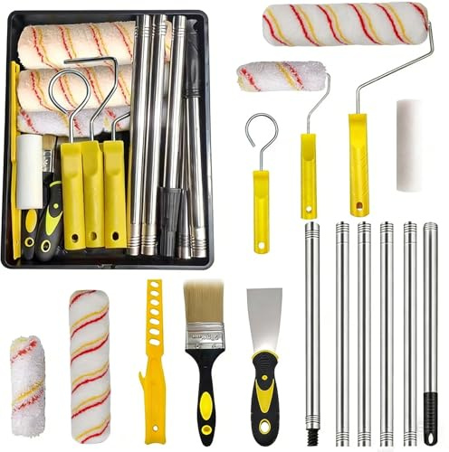 LZEXIN 18pcs Paint Tray Set, 9inch/4inch Paint Roller Kit, 78inch/2m Painting Roller Set with 6pcs Extension Poles, Scraper, Brush, 4 Cleaning Pads for Walls and Ceiling
