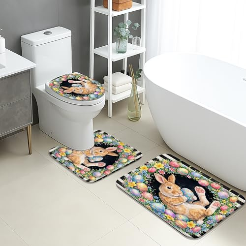 Juego De 3 Alfombrillas De Baño Huevos De Pascua Coloridos con Flower Juego De Alfombrillas De Baño Moda Durable Alfombras De Cama, para Cocina, Bathroom, Dormitorio
