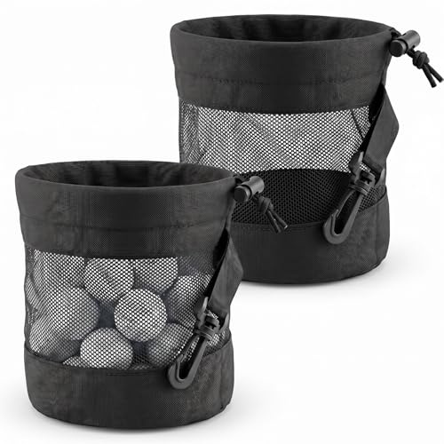 Ouligay 2 Pcs Golf Ball Bag, Golf Ball Pouch with Drawstring, Nylon Mesh Bag for Golf Balls, Shag Bag for Practice,Bag Organizer for Golf Ball Storage Tennis Carrying, Quick-Dry(Black)