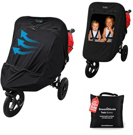 SnoozeShade Twin Extra Blackout Sun Shade for Double Buggy, UPF50+, Universal Fit, Better Than Breathable Mesh, Sneak-a-Peek Zip, INPAA Approved