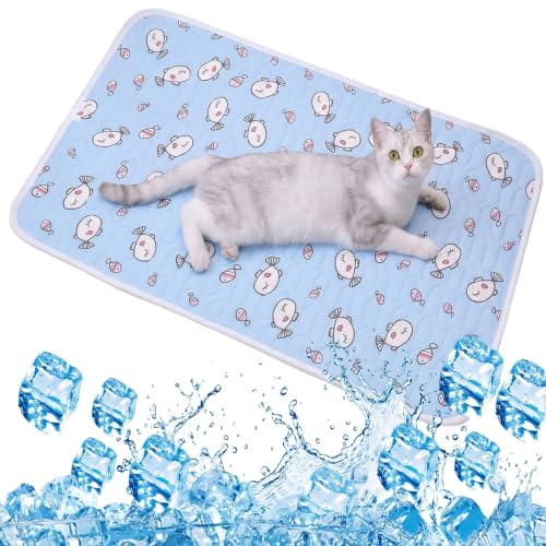 HIPTS Uppfriskande matta för hundar och katter, sommar latex kall filt blå fiskdesign, kylande liten hund och husdjur säng upp till 6 kg, andningsbar matta, 50 x 40 cm