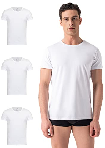Burnell & Son Herren T-Shirt 3er Pack Rundhals Unterhemd Herren - Stretch - Kurzarm Shirt Männer aus Baumwolle Basic Slim Fit Weiss L