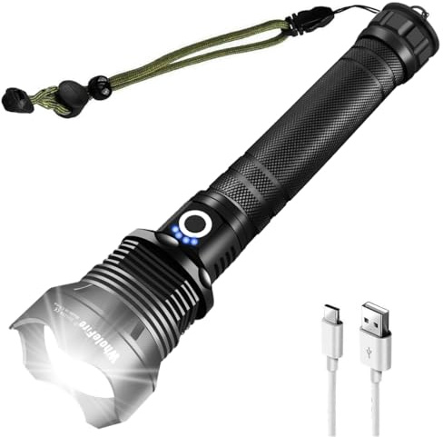 WholeFire Torcia LED 90000 Lumens Potente Ricaricabile USB, Professionale XHP70.2 Torcia Elettrica Super Luminoso, Zoomabile, IP65 Impermeabile, Alta Potenza, 3 Modalità con Batteria