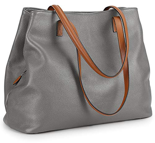 S-ZONE Damen Handtasche aus weichem Echtleder, große Kapazität, Umhängetasche, 13 Zoll Laptoptasche, Grau, L, Hobo Taschen