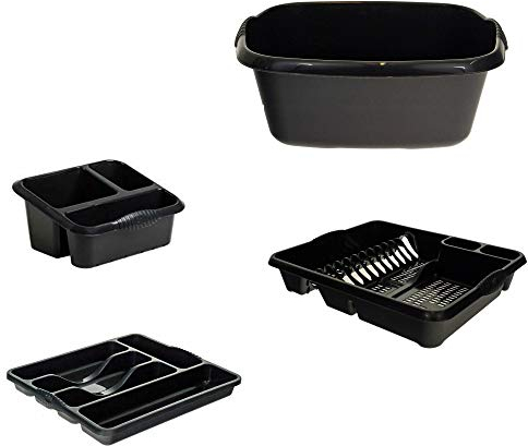 Wham Set of 4 Plastic Dish Drainer With Sink Tidy,Washing Up Bowl & Cutlery Tray - Mid-night Black (Darkish Grey)