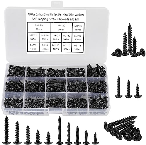 FandWay 420Pcs Self Tapping Screws Black,M2 M3 M4 Small Wood Screws Kit,Pan Head With Washer Self Drilling Screw,Wafer Head Sheet Metal Screw Phillips Drive for DIY Woodwork Repairs.