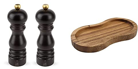 Peugeot - Paris u’Select Salt & Pepper Mill Set - Beechwood, Chocolate, 18 cm & T&G 10469 Tuscany Acacia Double Mill Rest/Work Surface and Dining Table Protector, 16 x 9 x 1.5 cm, Brown