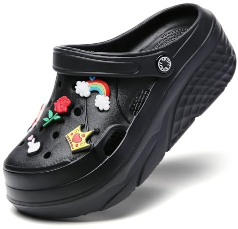 Zuecos de plataforma para mujer, ligeros, de goma EVA, impermeables, zuecos de jardín, zapatillas de camping con plantilla, sandalias de plataforma, Negro , 41 EU