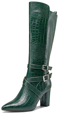 HEUIVZAR Mujer Chunky Ancho Heel Puntiaguada Punta Rodilla Botas Dress Casual Cremallera Cierre con Hebilla Caña Media Zapatos 8 CM Heels Verde Oscuro 38 EU