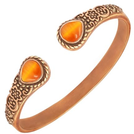 JEROOT Bracciale da donna in rame, rame puro, bracciale magnetico con 6 potenti magneti, bracciale vintage a forma di fiore in rame con 2 occhio di gatto