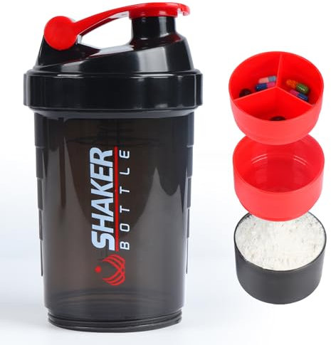 VIGIND Protein Shaker Bottle,Sports Water Bottle,Leak Proof Shake Bottle For Protein Mixer,Non Slip 3 Layer Twist Off 3oz Cups with Pill Tray,Workout Shaker Bottle 16oz,Red