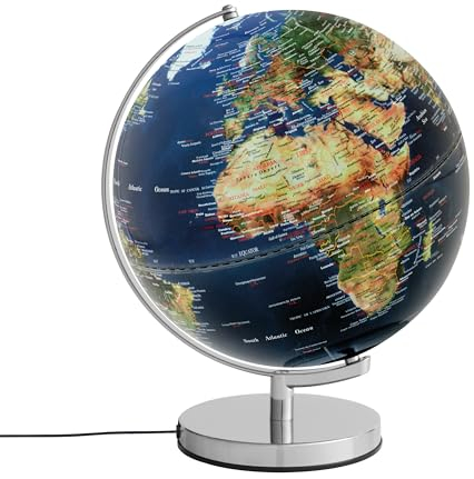 Globus mit 30 cm Durchmesser – STELLAR LIGHT – integrierte Beleuchtung – verchromter Metallfuß, topografische Karte – bewegliche Achse – blau, grün – TROIKA Original