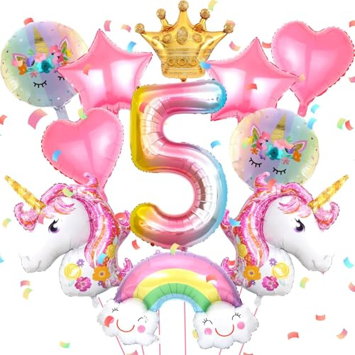 Licorne Ballon Anniversaire 5 an Fille Ballon Aluminium Licorne Decoration Anniversaire Fille Ballons Ronds en Aluminium avec Coeur, Arc-en-ciel et Couronne pour Fête d'anniversaire sur le Thème