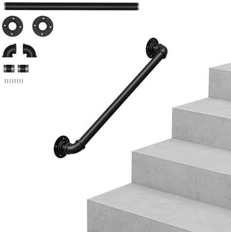 OUNUO Wall Handrail for Stairs Steps, Black Metal Industrial Pipe Staircase Handrail for Indoor Outdoor Wall Mount Support, Wall Hand Railing,Safety Handle (Black, 100cm)