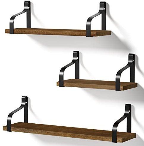 Love-KANKEI Rustic Shelves, Floating Shelves Wall Mounted Set of 3, Wall Shelf for Bedroom, Kitchen, Bathroom, Living Room, Office and More, Walnut