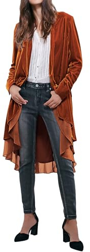 R.Vivimos Automne Hiver Femme Manteau à Volants En Velours Casual Vintage Veste Longue Sans Col Classique Swallowtail Hem Blazer(L,RustBrown)