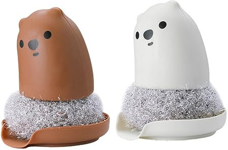 Ipetboom Kitchen Cleaning Brush Set 2pcs Cute Bear Design White and Brown Scrubbers for Pan Bowl Pot Cleaning Household Sink Brush