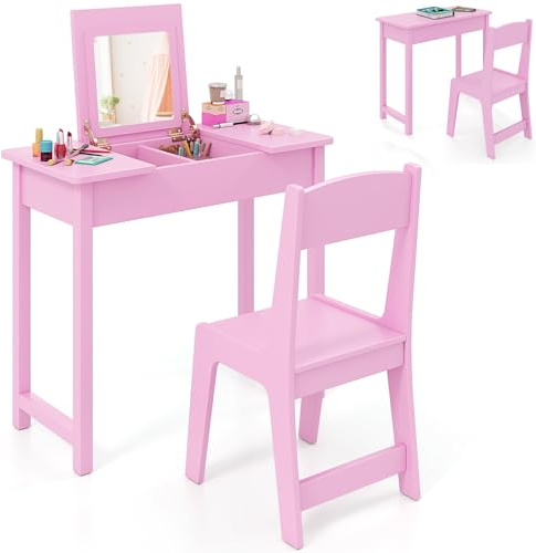 GYMAX Kids Vanity Table and Chair, 2 in 1 Children Makeup Desk with Flip Top Mirror, Hidden Storage Space and Anti-toppling Device, Wooden Girls Dressing Tables Set for 3 Years Old+ (Pink)