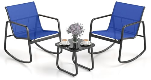 COSTWAY Set Tavolino e Sedie da Giardino, Set di Mobili a Dondolo, Set Bistrò 3 Pezzi, Tavolino in Vetro Temperato, Sedie in Textilene, per Giardino Cortile Piscina (Blu)