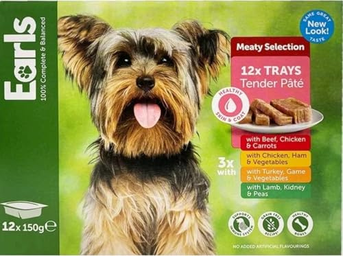Earls Meaty Selection Tender Pate Dog Food 12x150g – Grain Free, Complete & Balanced Wet Food Trays – Beef, Chicken, Turkey, Lamb Recipes – No Added Artificial Flavourings