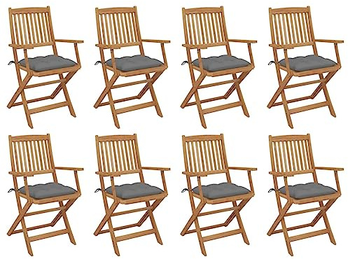 HaoChrymec Juego de 8 Sillas de Jardín Plegables con Cojines, Madera de Acacia Maciza, Resistentes a la Intemperie, Diseño Compacto y Funcional, Sillones Plegables,Gris, 54 x 57 x 91 cm