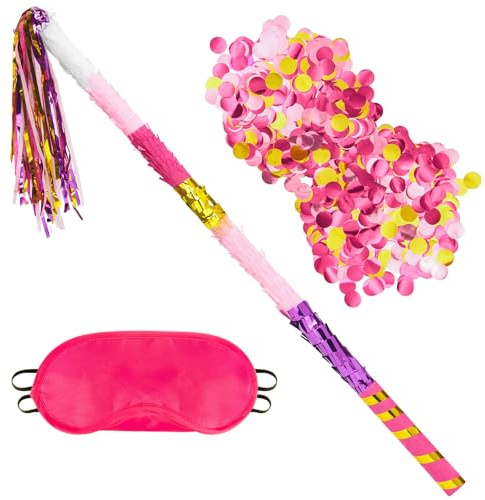 WERNNSAI Set di bastoncini Pinata da 76 cm – Pinata compleanno set di decorazioni per bambini adulti ragazzi ragazze rosa extra lungo piñata bastone con benda, coriandoli per feste di compleanno