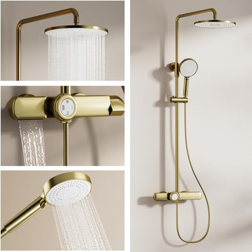 Billg Colonna Doccia con Miscelatore Termostatico Oro Spazzolato, Set Completo Doccia a Pioggia Ottone con Soffione 26x26cm e Doccetta 3 Funzioni per Bagno, Rubinetto a Cascata, Altezza Regolabile